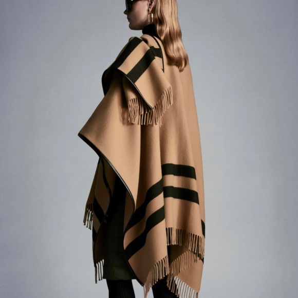 Moncler Beige Virgin Wool Logo Cape With Black Leather Trim And Fringe